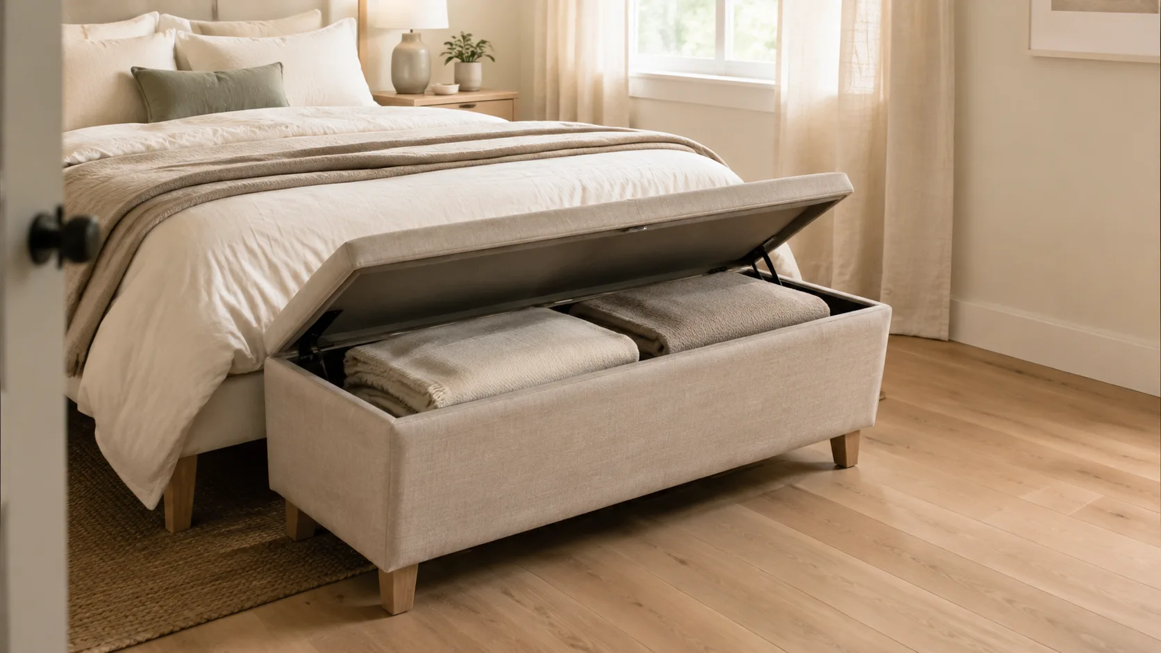 Oatmeal upholstered storage bench with an open hinged lid and neatly folded blankets at the foot of a warm neutral bed.