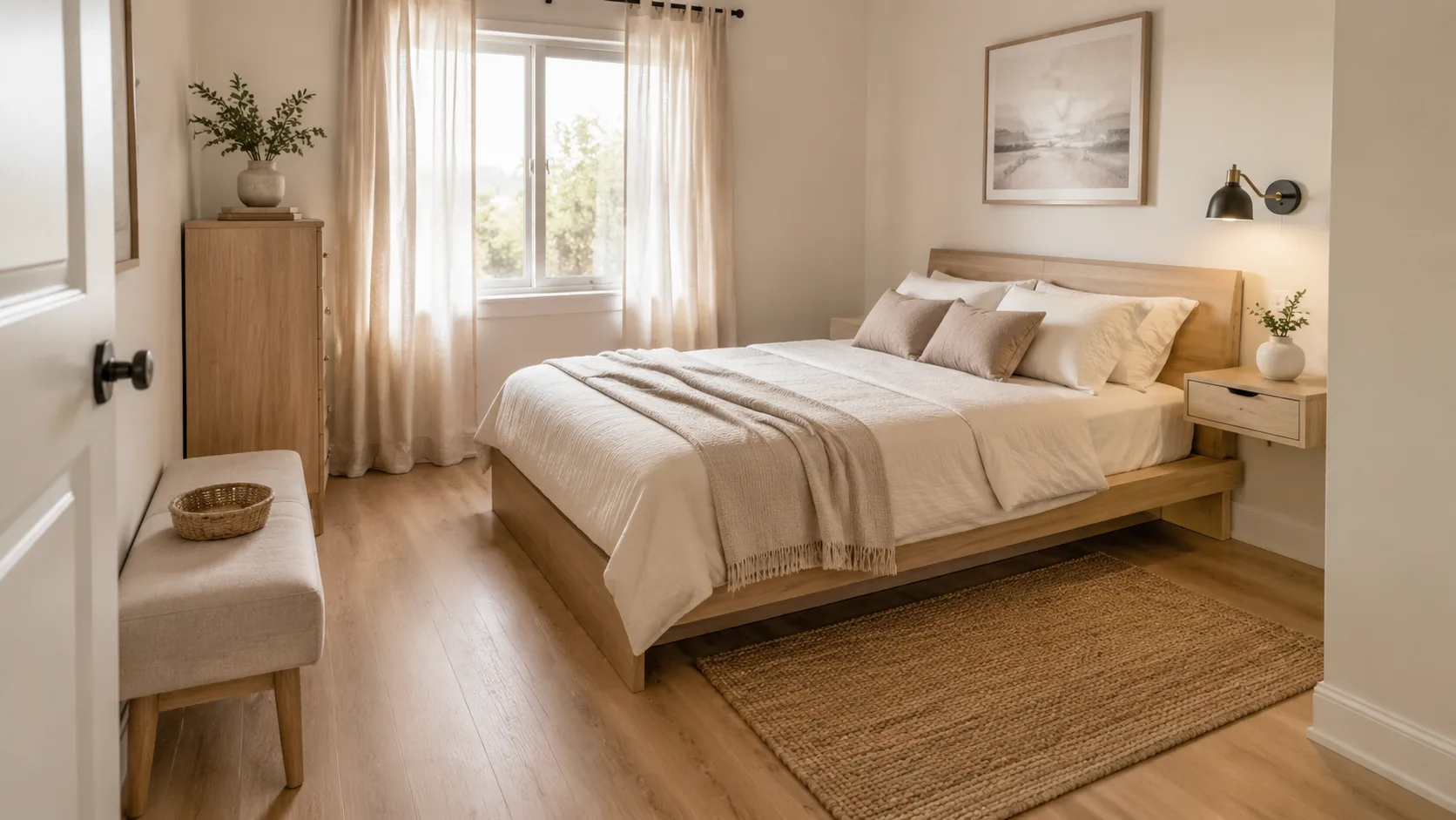 Compact bedroom with a low-profile wooden bed, slim floating nightstand, narrow dresser, and clear walking space around the furniture.