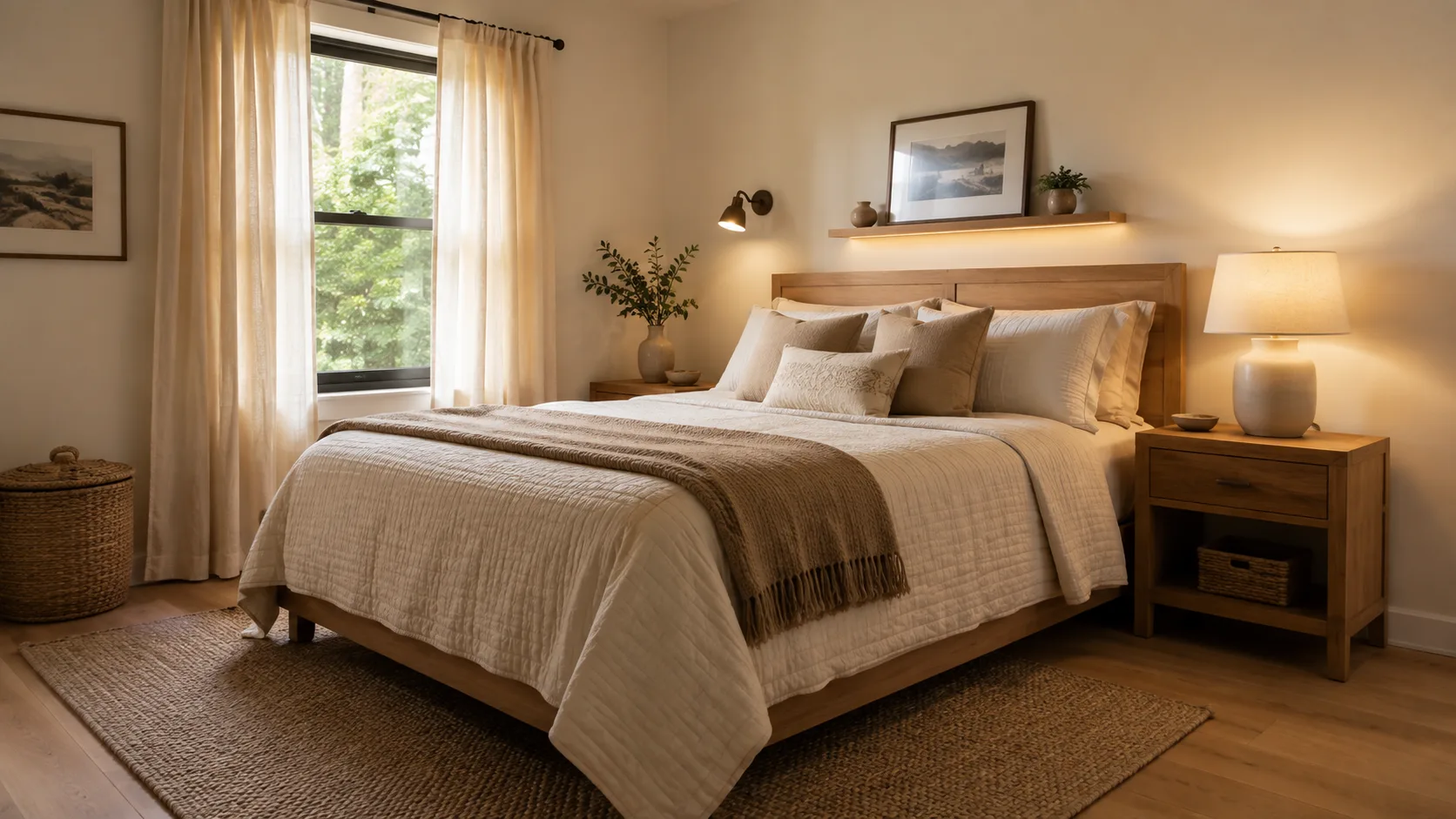 Cozy finished bedroom with layered neutral bedding, warm bedside lighting, a reading sconce, soft daylight, natural wood furniture, and calm décor.