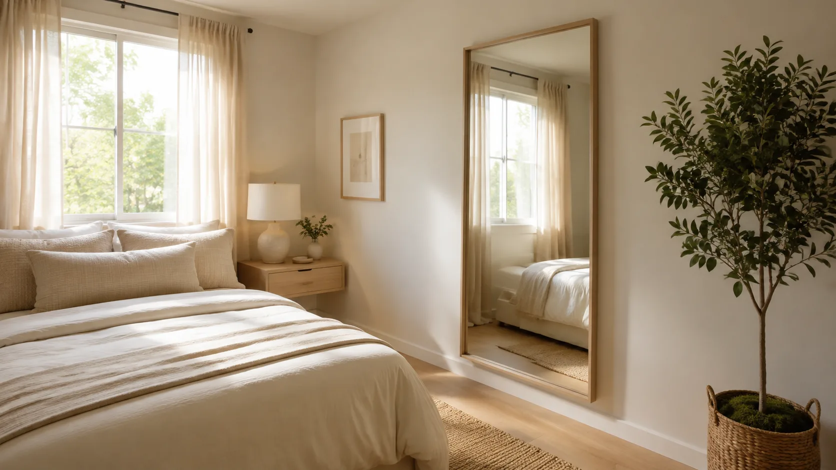 Small airy bedroom with a large light-wood mirror reflecting a sunlit window, cream bedding, warm neutral décor, and natural greenery.
