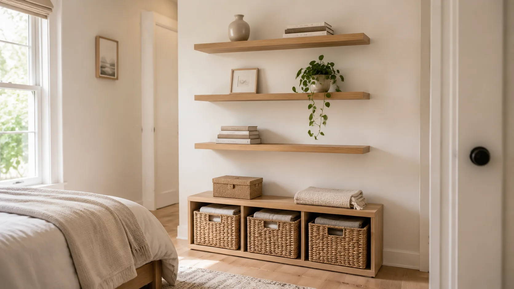 Small bedroom with light wood floating shelves, neatly arranged décor, and organized woven storage baskets in a low cubby unit.
